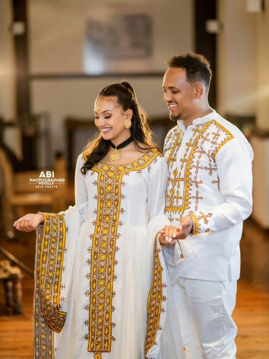 Cultural Habesha Fetil Kemis For Women, New golden Tilet Eritrean & Ethiopian Traditional Dress