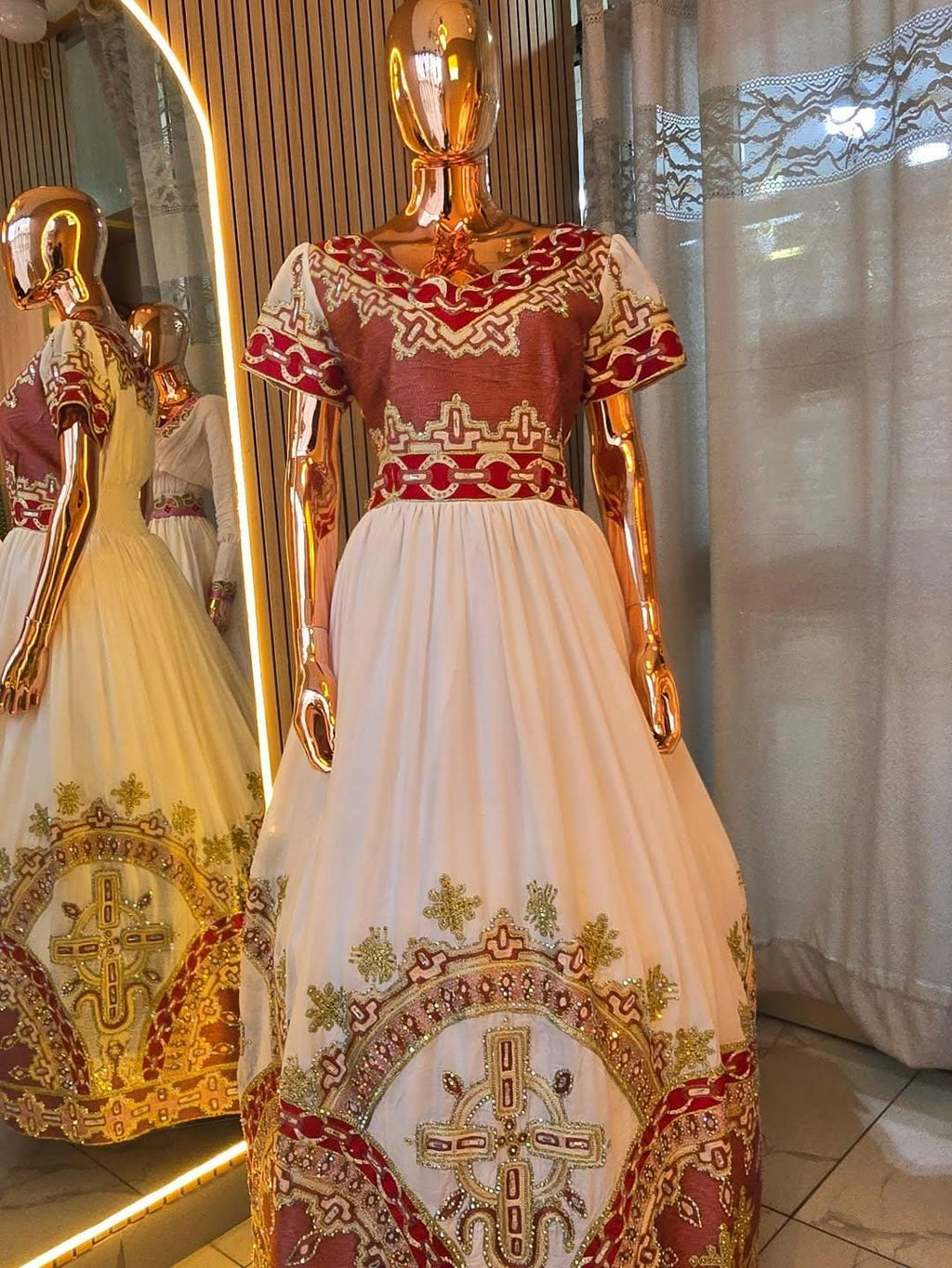 Cultural Habesha  Kemis For Women, New golden and red Tilet Eritrean & Ethiopian Traditional Dress