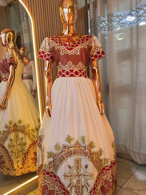 Cultural Habesha  Kemis For Women, New golden and red Tilet Eritrean & Ethiopian Traditional Dress