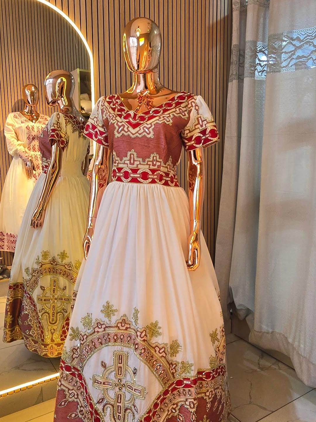Cultural Habesha  Kemis For Women, New golden and red Tilet Eritrean & Ethiopian Traditional Dress