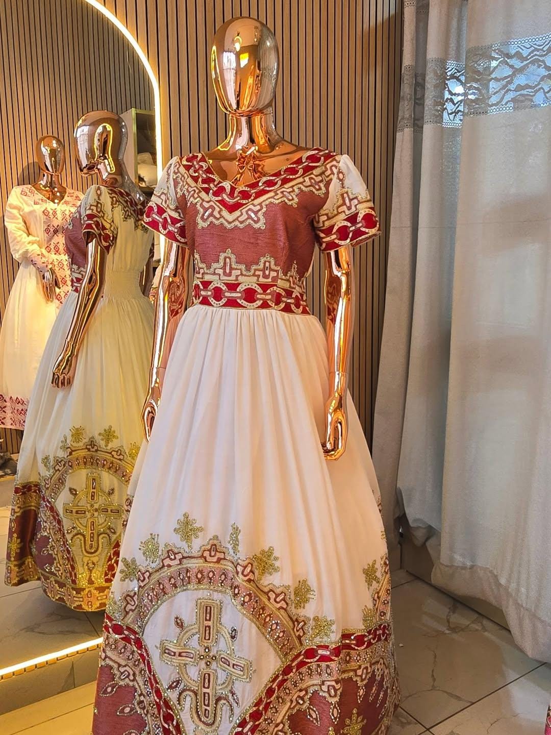 Cultural Habesha  Kemis For Women, New golden and red Tilet Eritrean & Ethiopian Traditional Dress