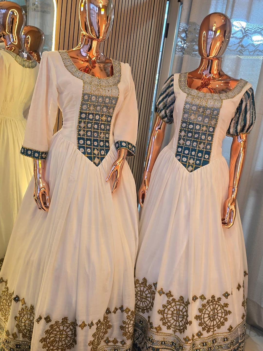 Cultural Habesha Kemis For Women, New blue Tilet Eritrean & Ethiopian Traditional Dress