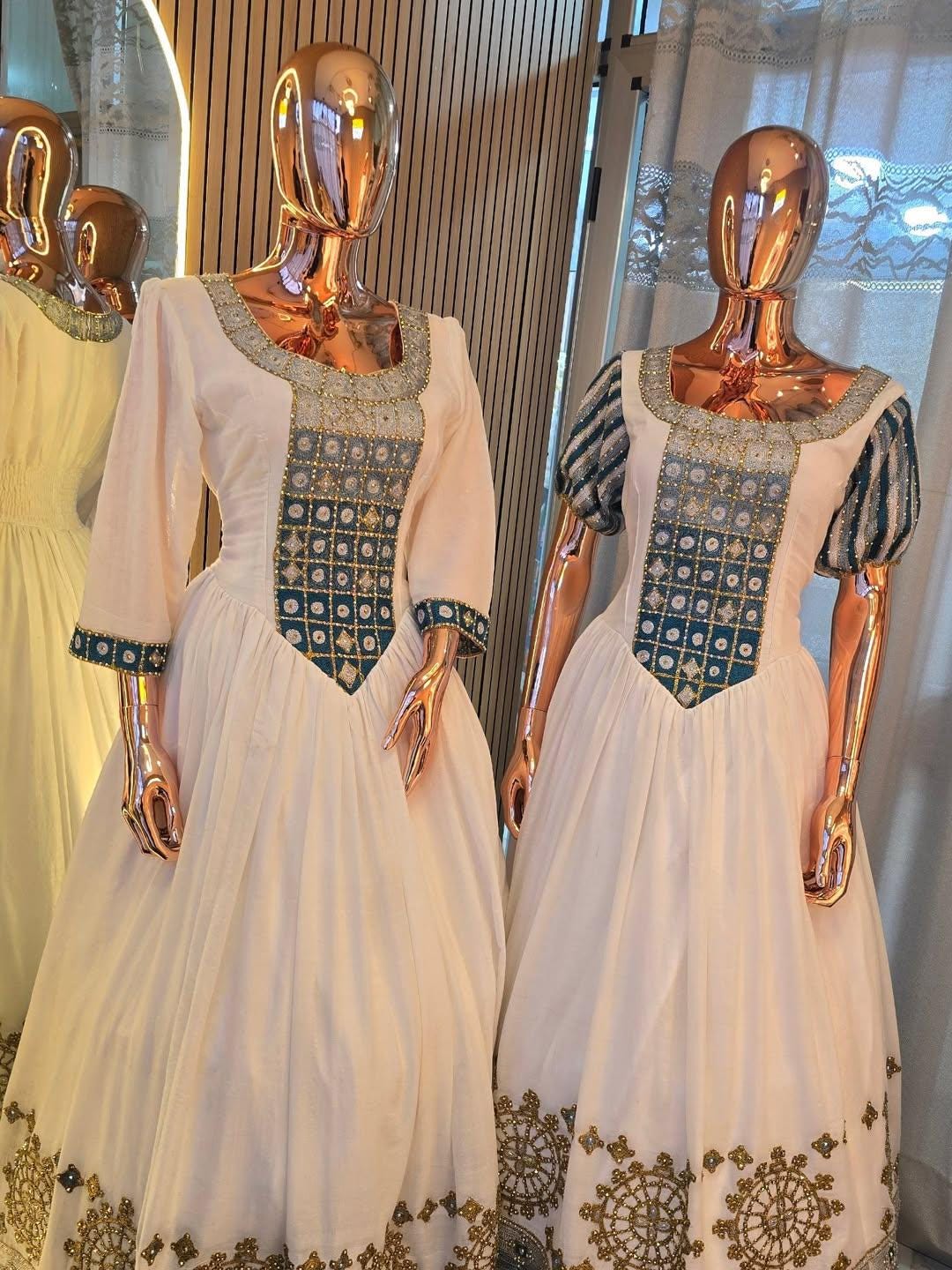 Cultural Habesha Kemis For Women, New blue Tilet Eritrean & Ethiopian Traditional Dress