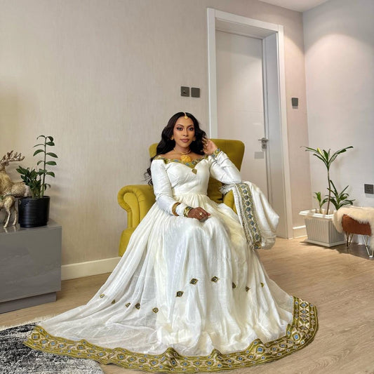 Cultural Habesha Fetil Kemis For Women, New dark green  Tilet Eritrean & Ethiopian Traditional Dress