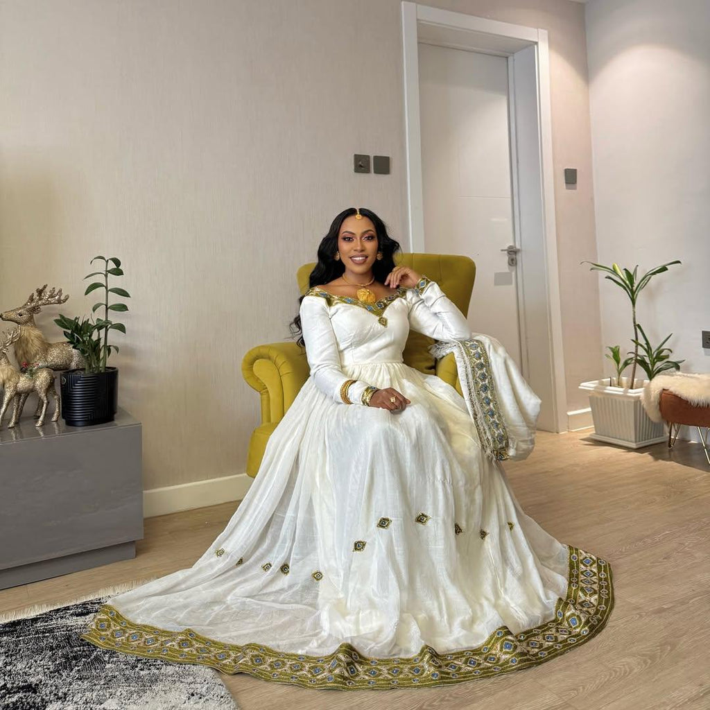 Cultural Habesha Fetil Kemis For Women, New dark green  Tilet Eritrean & Ethiopian Traditional Dress