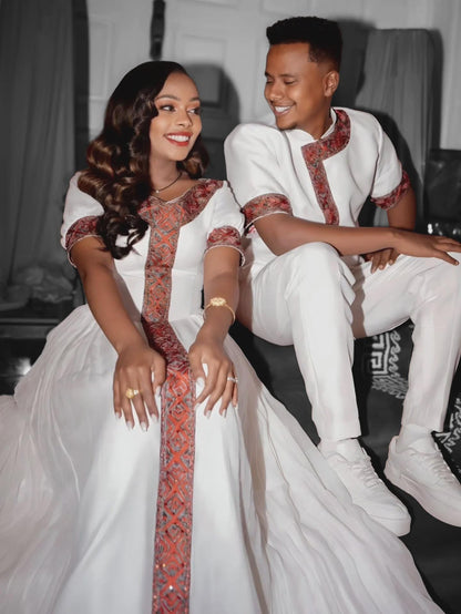 Couple Habesha clothing, New Red & Golden Tilet, Eritrean and Ethiopian Traditional Wedding Attire, Custom Made Habesha Fashion