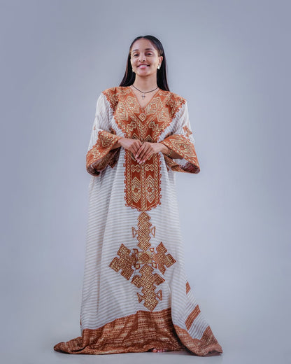 Brown Gondar Habesha Kemis | New Free-Size Modern Ethiopian Dress