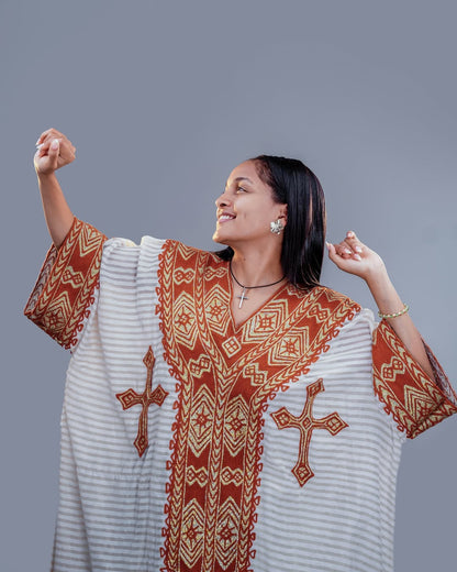 Brown Gondar Habesha Kemis | New Free-Size Modern Ethiopian Dress