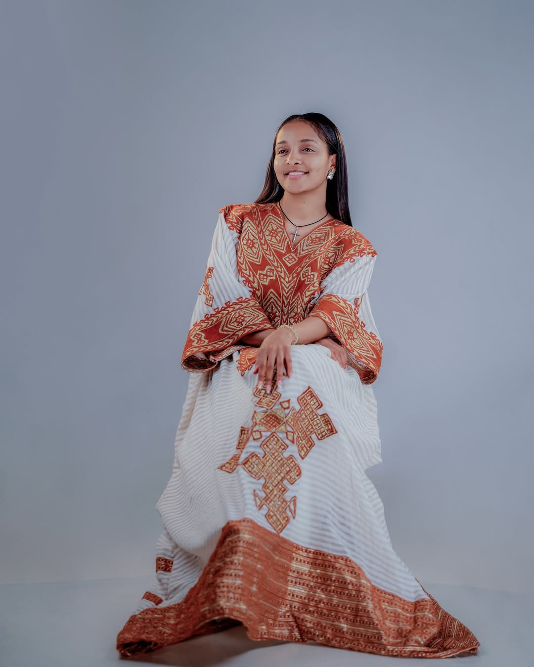 Brown Gondar Habesha Kemis | New Free-Size Modern Ethiopian Dress