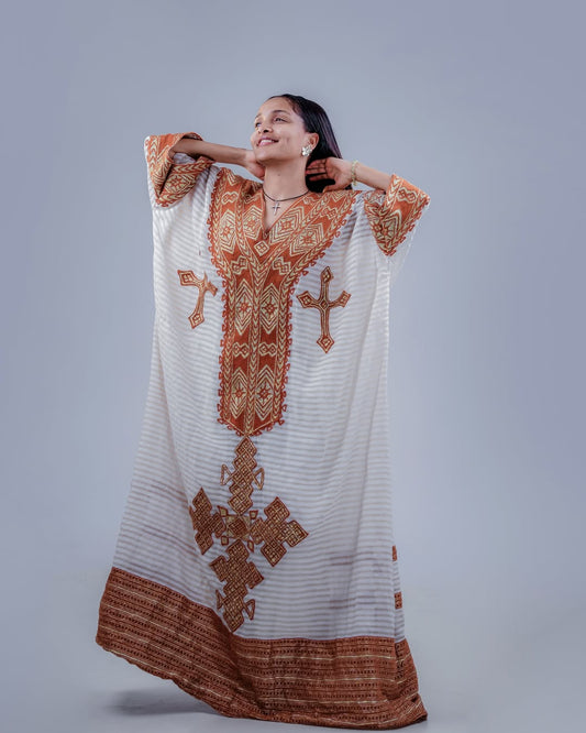 Brown Gondar Habesha Kemis | New Free-Size Modern Ethiopian Dress