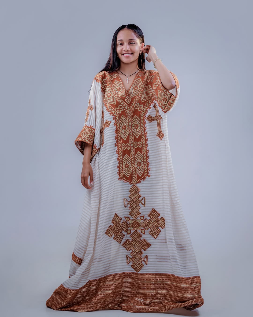 Brown Gondar Habesha Kemis | New Free-Size Modern Ethiopian Dress