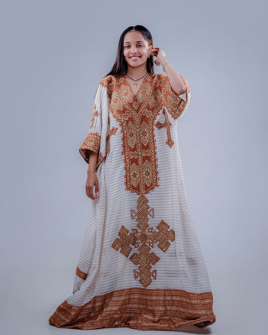 Brown Gondar Habesha Kemis | New Free-Size Modern Ethiopian Dress