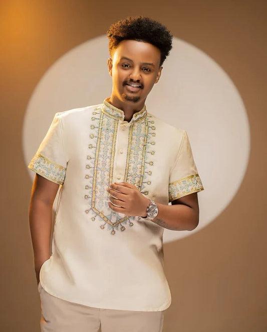 Light Color Modern Habesha Men's Shirt | Elegant Ethiopian Design - EthGebya