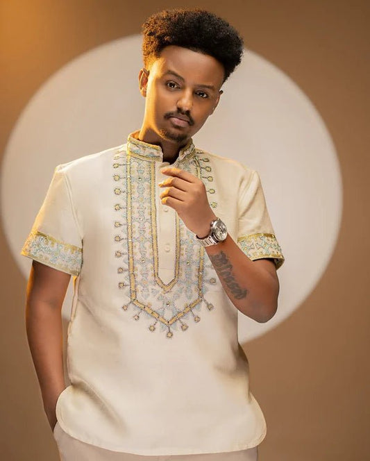Light Color Modern Habesha Men's Shirt | Elegant Ethiopian Design - EthGebya