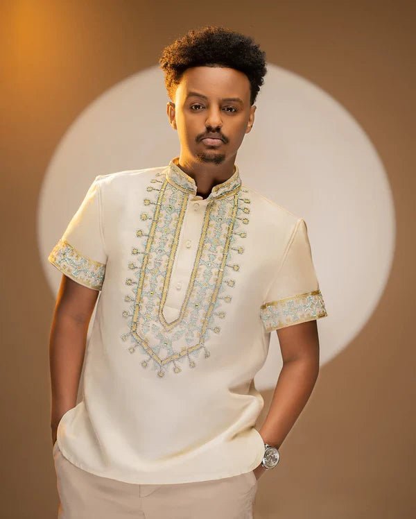 Light Color Modern Habesha Men's Shirt | Elegant Ethiopian Design - EthGebya