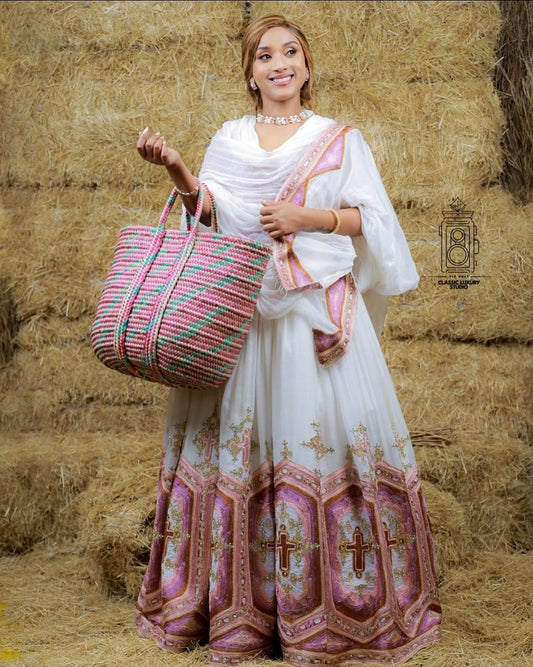 Luxury Handwoven Habesha Dress with Embroidery & Netela | Traditional Ethiopian & Eritrean Kemis for Women - EthGebya