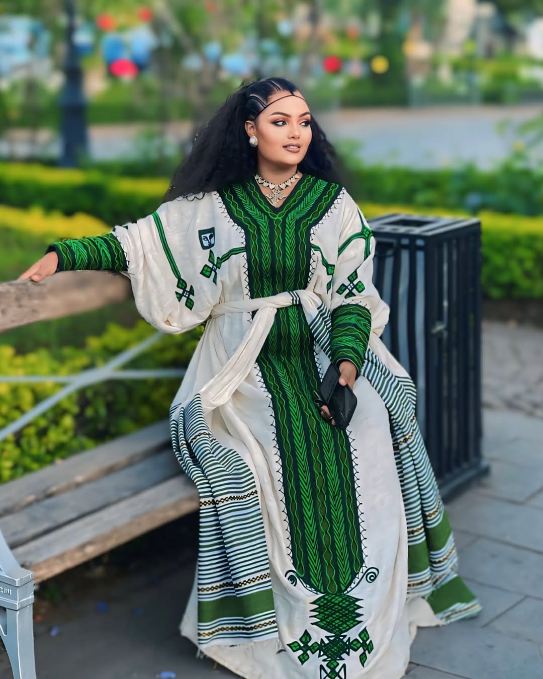 Modern Green Ethiopian & Eritrean Axum Habesha Dress Handwoven Kemis Ethgebya