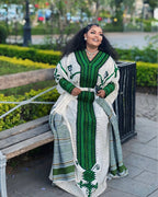Modern Green Ethiopian & Eritrean Axum Habesha Dress | Handwoven Kemis
