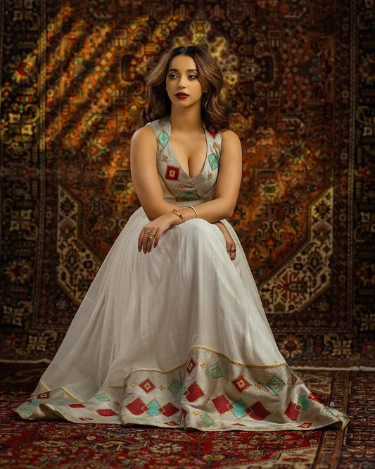 Modern Ethiopian Habesha Kemis | Bold Geometric Colorful Dress - EthGebya