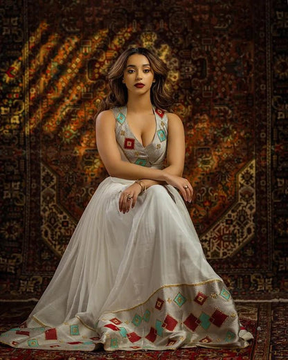 Modern Ethiopian Habesha Kemis | Bold Geometric Colorful Dress - EthGebya
