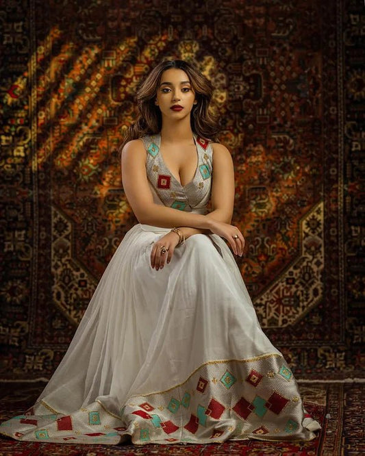 Modern Ethiopian Habesha Kemis | Bold Geometric Colorful Dress - EthGebya