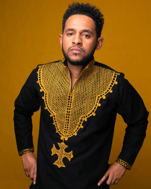 Modern Habesha Long Sleeves Shirt for Men | Black Ethiopian Men Habesha Libs - EthGebya