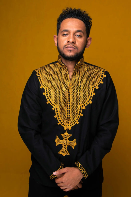 Modern Habesha Long Sleeves Shirt for Men | Black Ethiopian Men Habesha Libs - EthGebya