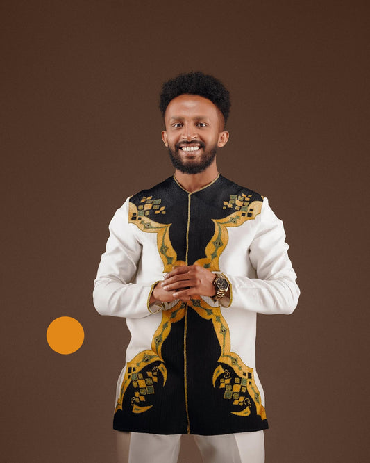 Modern Habesha Men’s Shirt | Black & Gold Ethiopian Embroidery - EthGebya