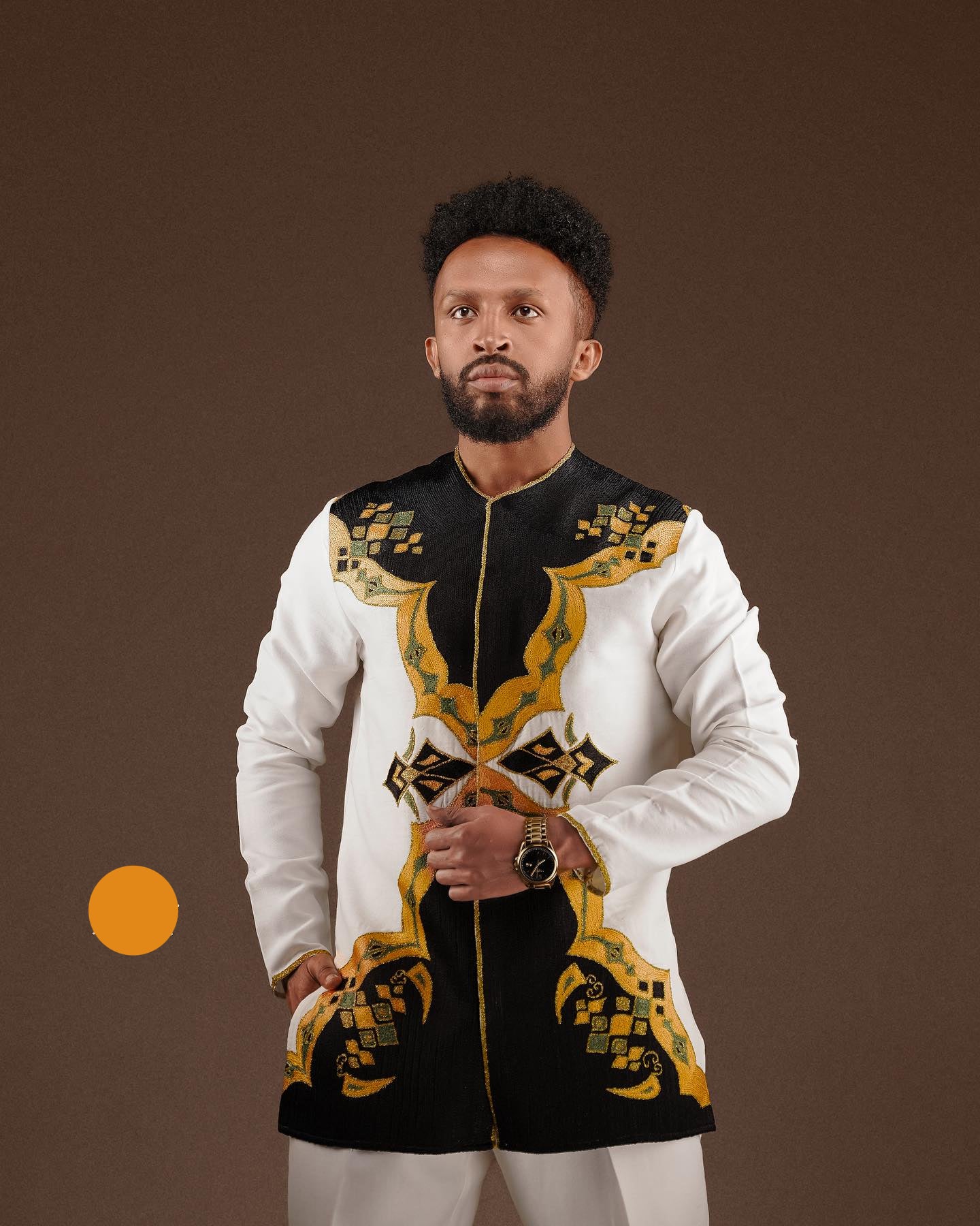 Modern Habesha Men’s Shirt | Black & Gold Ethiopian Embroidery - EthGebya