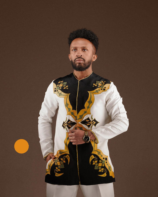 Modern Habesha Men’s Shirt | Black & Gold Ethiopian Embroidery - EthGebya