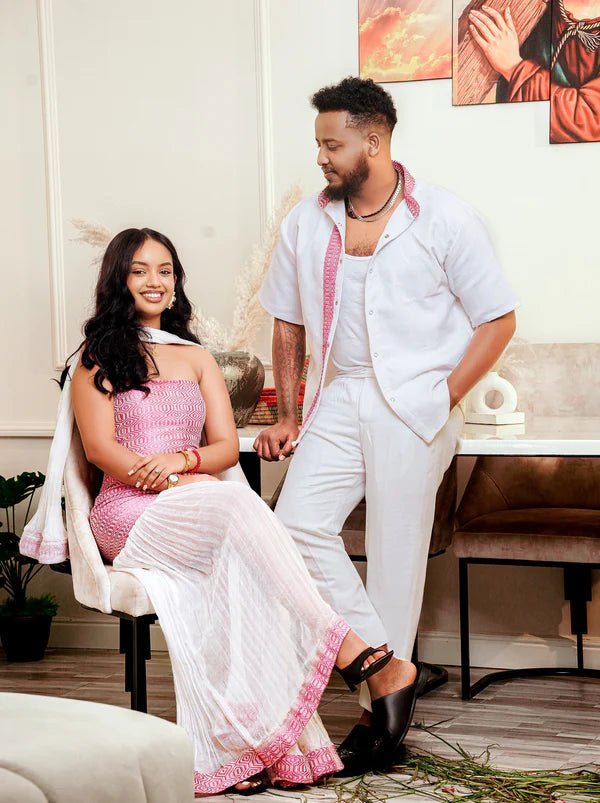Modern Pink & White Ethiopian Couple Outfit | Matching Cultural Wear - EthGebya