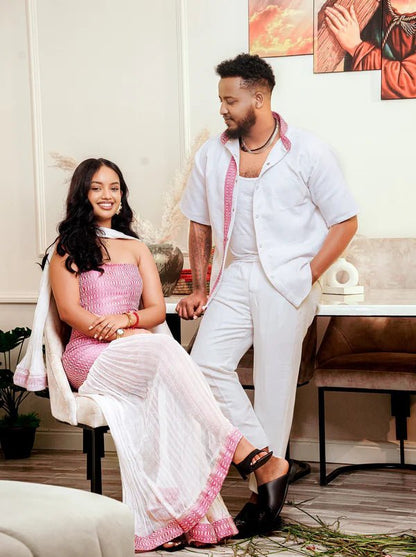 Modern Pink & White Ethiopian Couple Outfit | Matching Cultural Wear - EthGebya