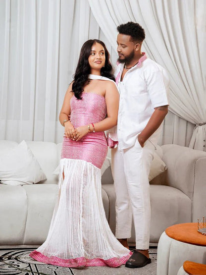 Modern Pink & White Ethiopian Couple Outfit | Matching Cultural Wear - EthGebya