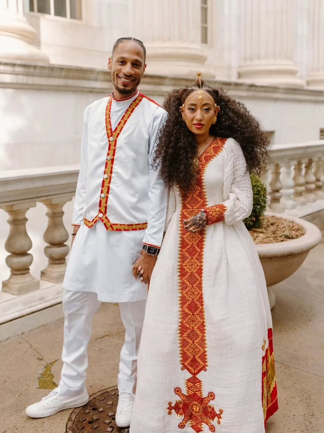 New Red Habesha Couples Outfit | Modern Matching Ethiopian Attire