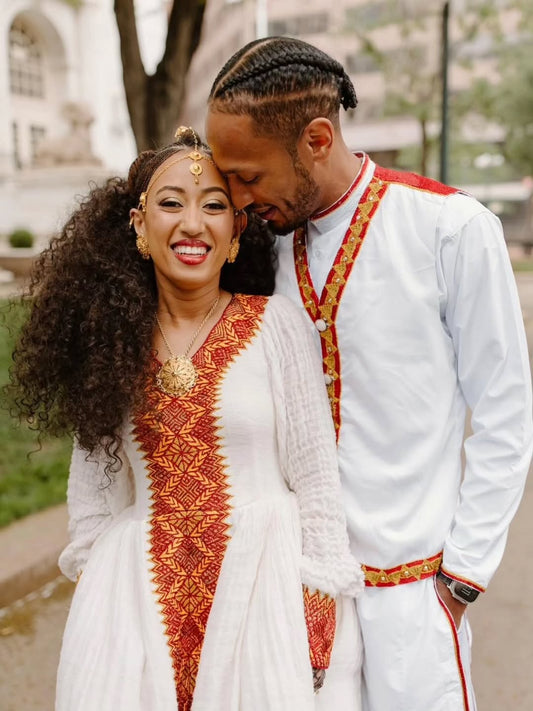 New Red Habesha Couples Outfit | Modern Matching Ethiopian Attire