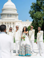 Group of people in formal attire with a person in a colorful dress in front of the U.S. Capitol building. Ethiopian Wedding Attire for Couples Habesha Traditional Matching Set Ethgebya