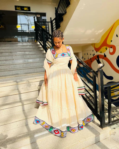 Beige Zuria Habesha Kemis | Handmade Modern Ethiopian Dress for Women