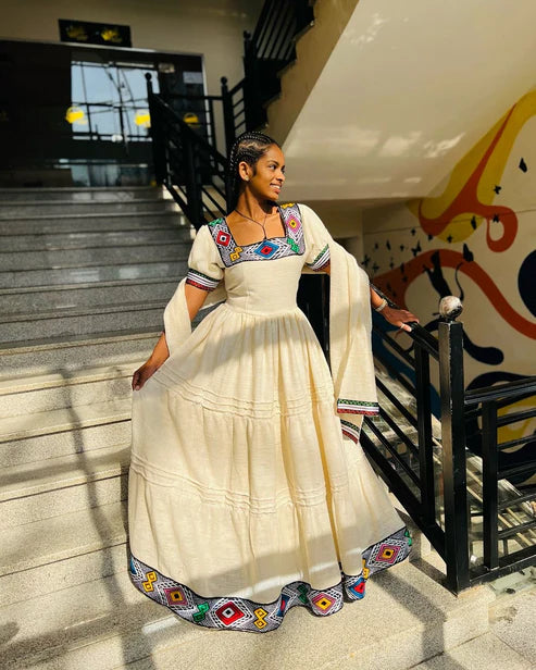 Beige Zuria Habesha Kemis | Handmade Modern Ethiopian Dress for Women