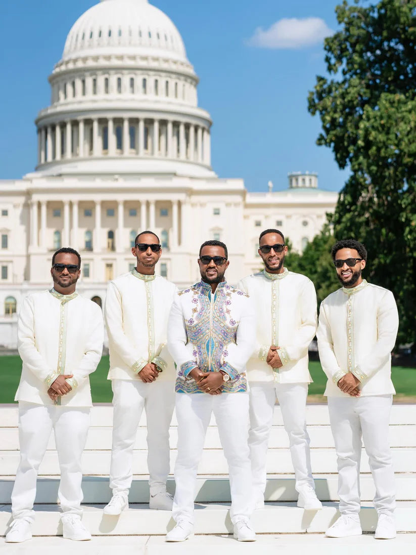 Five men in formal attire standing in front of the U.S. Capitol building. Ethiopian Wedding Attire for Couples Habesha Traditional Matching Set Ethgebya