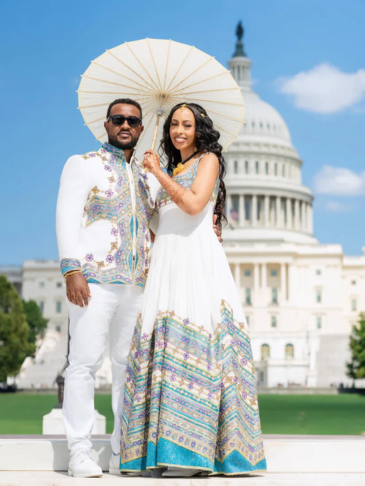 Couple posing with an umbrella in front of the U.S. Capitol building. Ethiopian Wedding Attire for Couples Habesha Traditional Matching Set Ethgebya