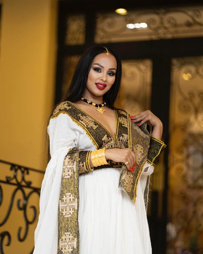 Black & Gold Modern Zuria Habesha Kemis | Elegant Ethiopian Dress