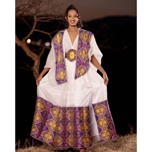 Purple Habesha Kemis | Ethiopian Handwoven Zuria Traditional Dress - EthGebya