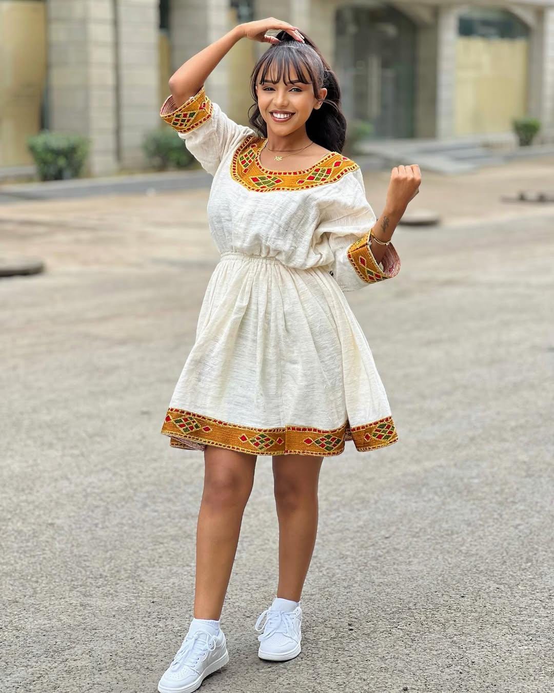 New Short Habesha Dress for Women, Golden Embroidered Modern Ethiopian Kemis, Handwoven Eritrean Zuria Attire, Elegant Traditional Clothing
