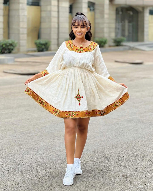 New Short Habesha Dress for Women, Golden Embroidered Modern Ethiopian Kemis, Handwoven Eritrean Zuria Attire, Elegant Traditional Clothing