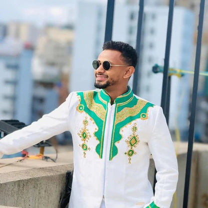 Traditional Men’s Shirt Green Accent | Habesha Ethiopian Clothing - EthGebya