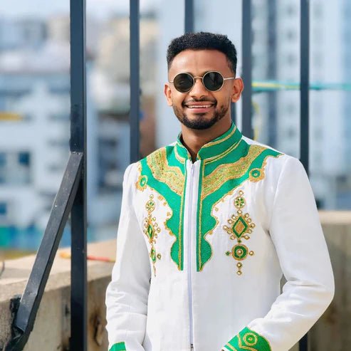 Traditional Men’s Shirt Green Accent | Habesha Ethiopian Clothing - EthGebya