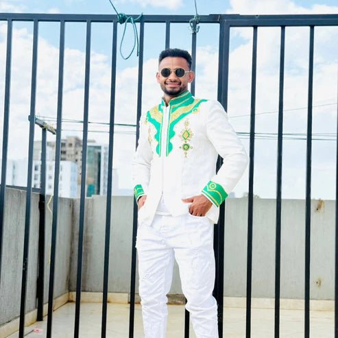 Traditional Men’s Shirt Green Accent | Habesha Ethiopian Clothing - EthGebya