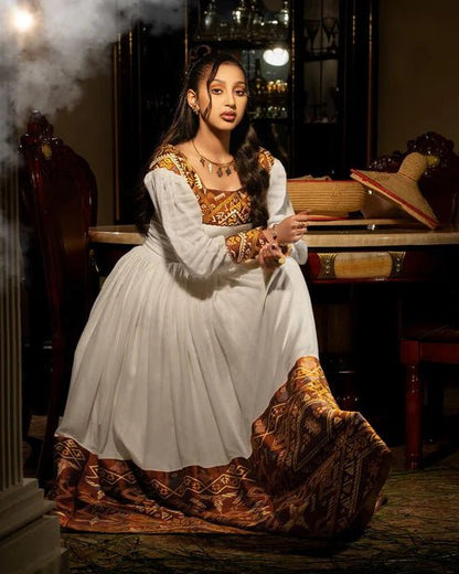 Unique Golden Ethiopian Dress | Handcrafted Habesha Dress with Tilf - EthGebya