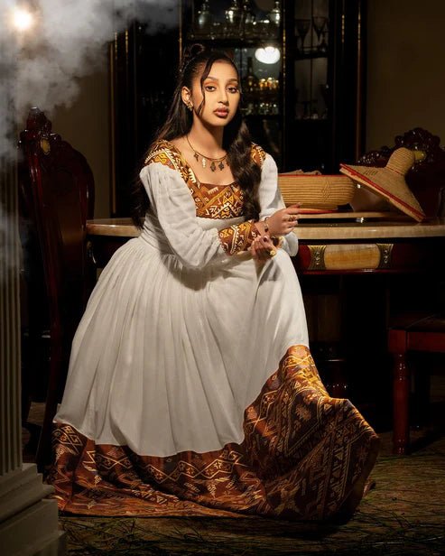Unique Golden Ethiopian Dress | Handcrafted Habesha Dress with Tilf - EthGebya