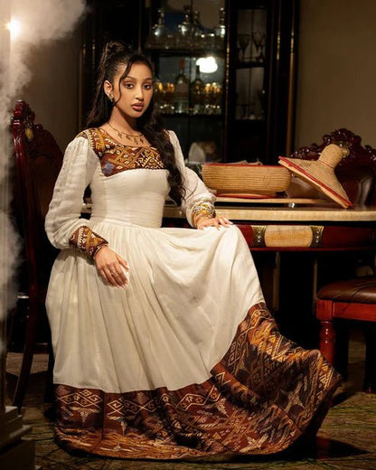 Unique Golden Ethiopian Dress | Handcrafted Habesha Dress with Tilf - EthGebya